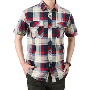 Men's summer casual plaid short sleeve shirt with turn-down collar and double chest pockets