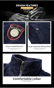 Detail of dark blue corduroy jacket showing embroidered shield patch and metal zipper closure