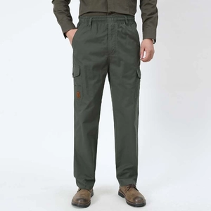 Army green men's straight cargo pants with elastic drawstring waist and side flap pockets