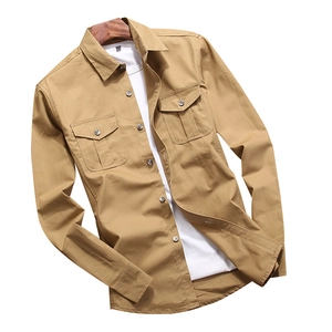 Men's khaki cotton long sleeve cargo shirt with dual pockets on a white background