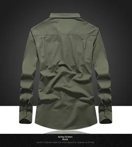 Rear view of an army green cotton casual long-sleeve shirt with back yoke stitching detail