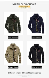 Men's casual stand collar jackets shown in army green, blue, khaki and black colors