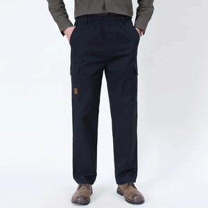 Men's dark blue straight-leg cargo pants with elastic waist and large side pockets