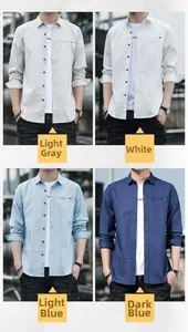 Detailed grid view of long-sleeve men's shirts in light grey, white, light blue, and navy