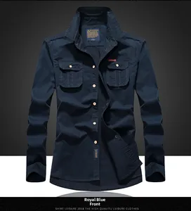 Front view of royal blue cotton cargo shirt with dual chest pockets and outdoor labels