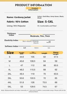 Detailed size chart for men's corduroy jacket with measurements from size S to 5XL