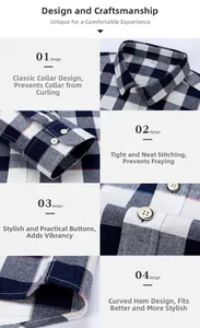 Detailed views of blue and white checkered cotton shirt collar, cuffs and hem stitching
