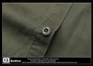 Gros plan des boutons en résine et double couture sur la chemise cargo en coton vert olive