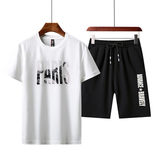Ensemble d'été homme : T-shirt blanc imprimé Paris et short noir avec cordon