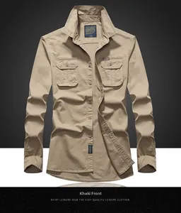 Detailed front view of khaki cotton long sleeve work shirt with double chest pockets
