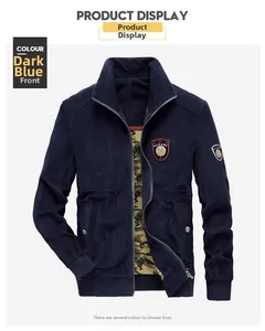 Detailed view of dark blue corduroy jacket with camo lining and ribbed stand-up collar