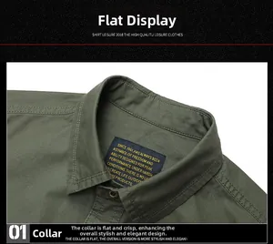 Close-up of olive green cotton shirt collar with durable stitching and woven label detail