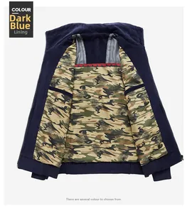 Close-up of men's navy corduroy jacket with stylish camouflage lining and red tape detail
