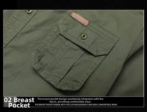 Detail of olive green cotton shirt showing the chest pocket with leather outdoor logo patch