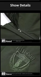 Detailansicht der dunkelgrünen Outdoorjacke mit abnehmbarer Kapuze und Ärmelstickerei
