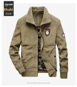 Detail of khaki corduroy jacket with embroidered patches and camo print lining inside