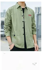 Close-up of army green utility shirt featuring square collar and QINGLIAN woven label