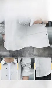 Detail view of light gray men's long sleeve shirt with focus on collar and breathable fabric