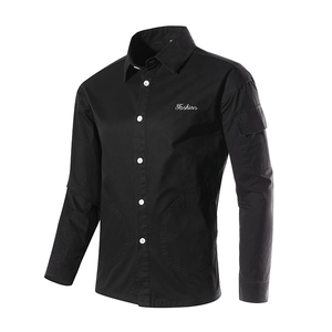 Men's black long sleeve cargo shirt with fashion embroidery and white buttons