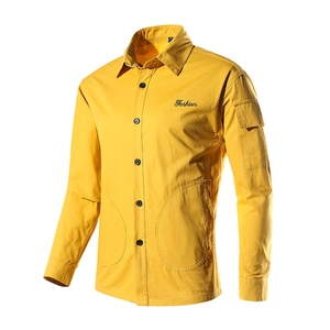 Slim fit mustard yellow long sleeve cargo shirt for men with fashion embroidery and pockets