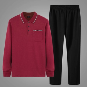 Men's two-piece tracksuit featuring burgundy long-sleeve polo shirt and black casual pants