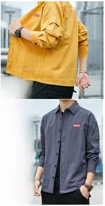 Detail of wrinkle-resistant workwear jacket with arm pocket and woven logo label