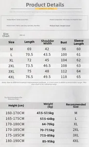 Detailed size chart for men's cotton long sleeve shirt showing chest and length in cm
