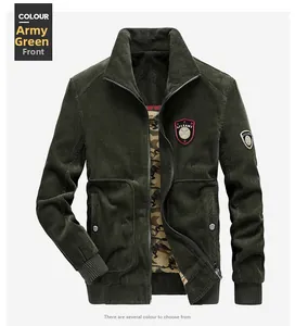 Detailed front view of men's army green corduroy jacket featuring camouflage lining and patches