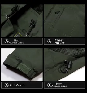 Detailansicht der verstellbaren Kordelzüge, Reißverschlusstasche und Klettverschluss am Jacke
