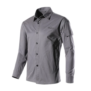 Slim fit grey long sleeve cargo shirt for men with fashion embroidery and utility pockets