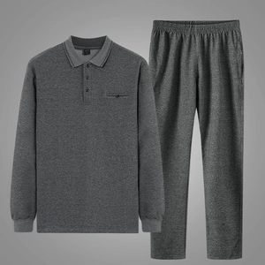 Men's dark gray casual sports set with long sleeve polo shirt and elastic waist trousers