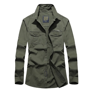 Chemise de Travail à Manches Longues en Pur Coton pour Hommes Haut Extérieur Multipoches Vert Armée Kaki Bleu Vêtements Homme