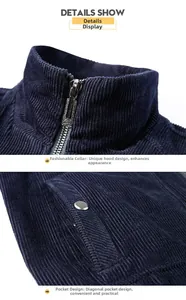 Detail of navy blue corduroy jacket showing zipper collar and metallic button pocket