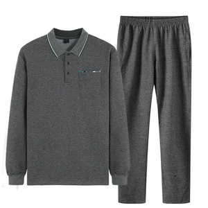 Men's dark gray polo sweatshirt and pants casual sportswear set in textured fabric