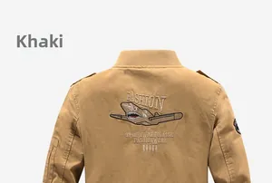 Detailed back view of khaki men's cotton jacket featuring shark and aircraft embroidery
