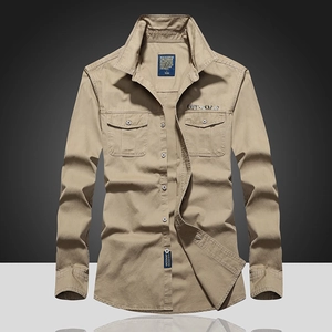 Veste chemise cargo kaki en coton pour homme avec doubles poches de poitrine et col