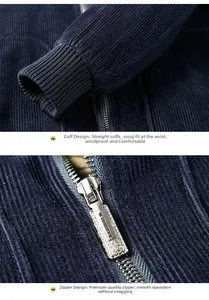 Detail of navy corduroy jacket showing ribbed cuffs and high-quality silver metal zipper