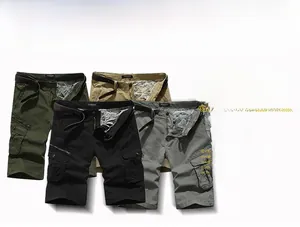 Men's multi-pocket cargo shorts shown in army green, khaki, black, and grey with belts