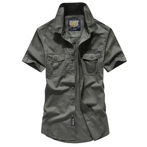 Men Casual Cotton Short Sleeve Work Shirt Tactical Cargo Shirt With Double Pockets Japanese Safari Style Outdoor Top