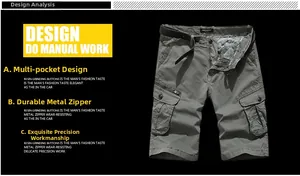 Detail view of cargo shorts featuring multi-pocket design and metal zipper closure