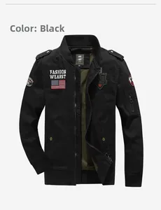 Detail of black tactical bomber jacket featuring US flag embroidery and zip sleeve pocket