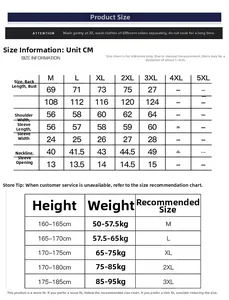 Detailed size chart for long sleeve shirts with measurements and washing instructions