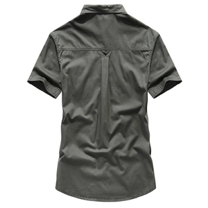 Men's cotton cargo short sleeve shirt in military green with back pleat detail