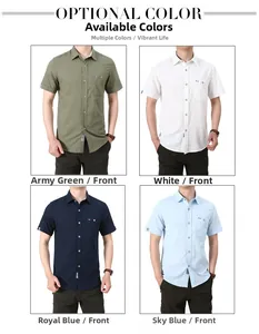 Detailed grid view of men's casual short sleeve shirts in army green, white, and blue tones