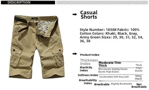 Detail view of khaki cotton cargo shorts with multi-pockets and functional belt strap