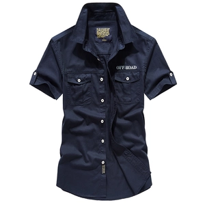 Men's dark blue cotton short sleeve cargo shirt with utility chest pockets and epaulets