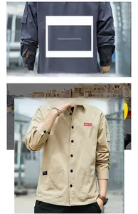 Detail of cargo shirt with chest pockets and polyester fabric in gray and khaki