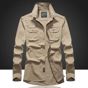 Men's 100% Cotton Long Sleeve Cargo Shirt Casual Loose Fit Utility Work Top With Double Pockets For Outdoor Daily Wear