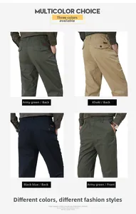 Detailed view of men's casual chinos showing elastic waist and back pockets in three colors