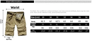 Size chart detail for men's cotton multi-pocket cargo shorts showing measurements